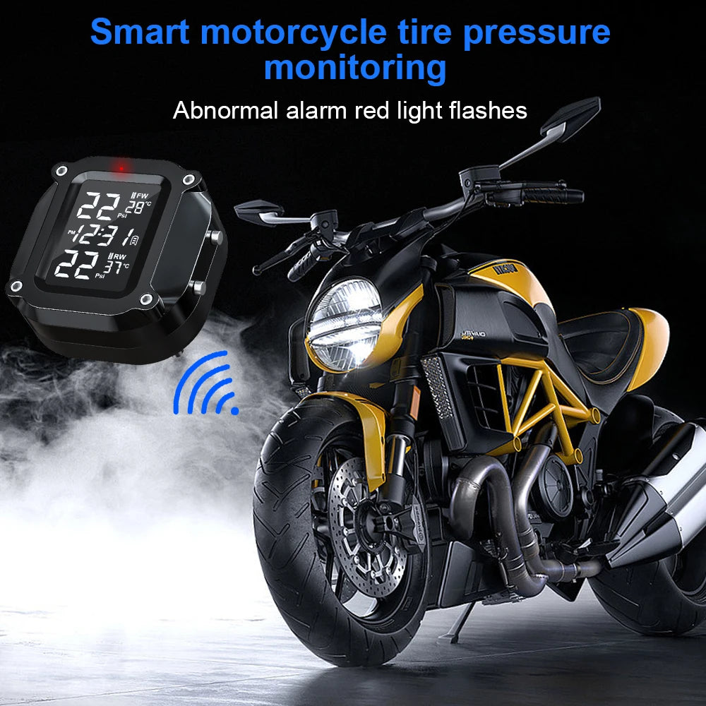 Powstation TPMS Wireless Motorcycle Tire Pressure Monitoring System Solar Charge Tyre Temperature Alarm System Colorful Display