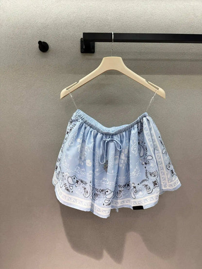 Mediterranean Style Silk Scarf Printed Shirt Loose Top Strapless Short Skirt Set Casual Women's Clothing 26's New
