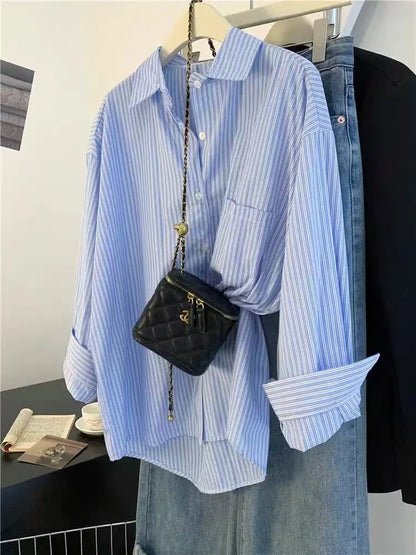 Retro Lazy Sle Blue Striped Women's Long Sve irt Spring Autumn Design Sense Small ence Outerwear Blouse