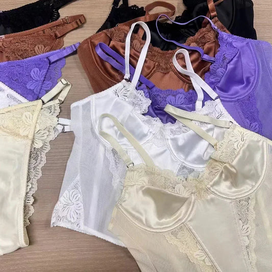 French Lingerie Set Sexy Fish Bone Corset Lace Long Bra High Quality Women Underwear Flowers Embroidery Shapewear Tops Panties