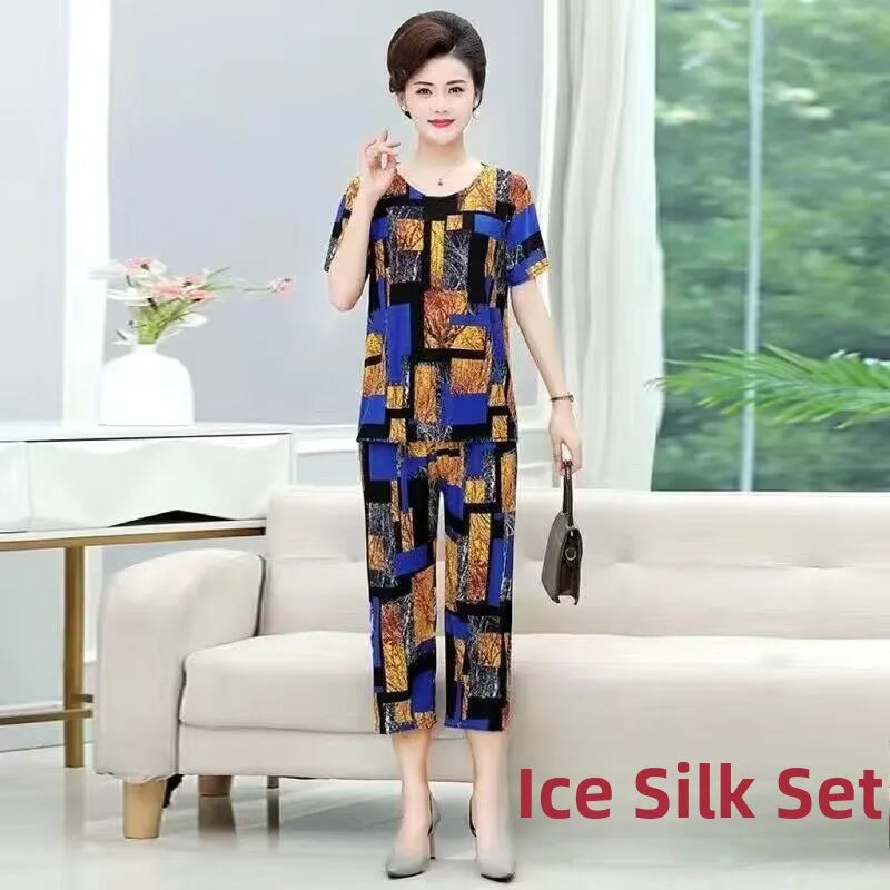 Summer 2025 Ice Silk Loose Fit Short Sleeve round Neck Two Piece Set for Middle-Aged And Elderly Casual Style Comfortable Wear