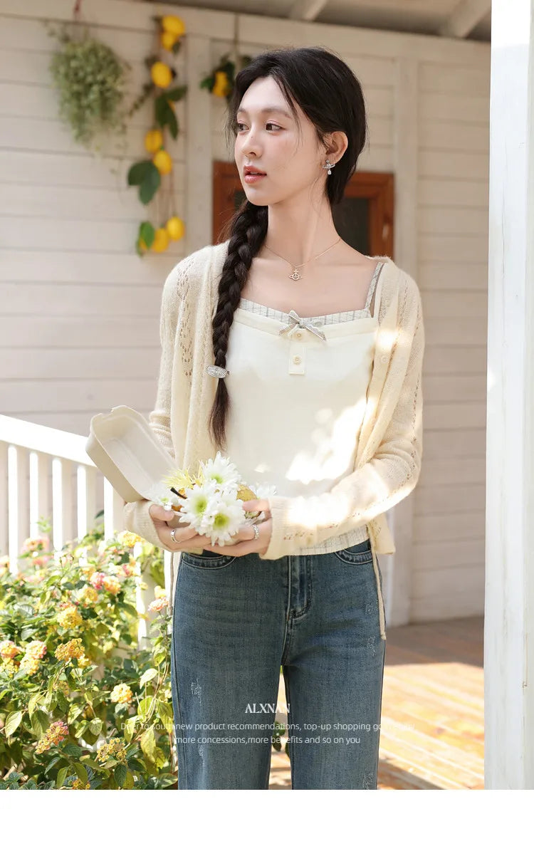 ALXNAN Cream Yellow Plaid Spliced Camisole Women 2026 Summer Elegant Sweet Beach Sleeveless Tops Casual Bow Design Camis L62323