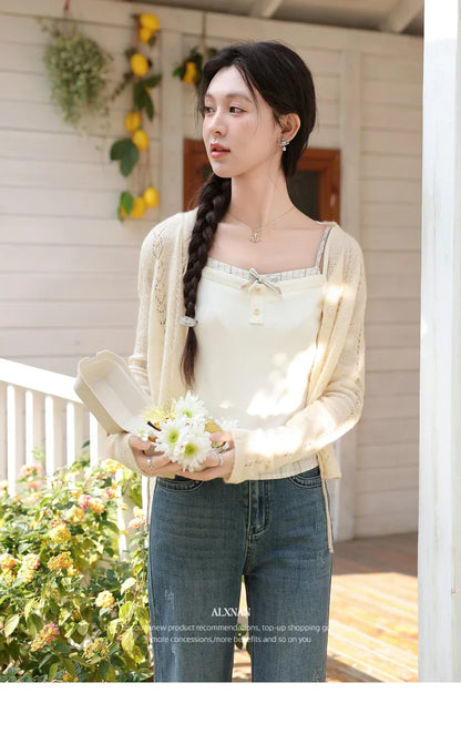 ALXNAN Cream Yellow Plaid Spliced Camisole Women 2026 Summer Elegant Sweet Beach Sleeveless Tops Casual Bow Design Camis L62323