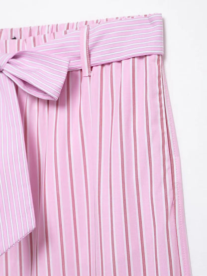 HH Women Striped Pants Suit Lapel Pocket Single-breasted Blouse+Side Zipper Lace Short Top+High Waist With Belt Poplin Pant