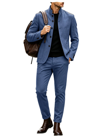 Men's Linen Stand Collar Suit 2-Piece Blazer & Pants Set Slim Fit Business Casual Tuxedo Jacket Trousers Formal Wedding Outfit
