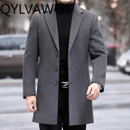 QYLVAWOY 67% Wool Men's Autumn Winter New Slim-Fit Mid-Length Double-Sided Woolen Coat Wool Trench Coat Outerwear LJ2146