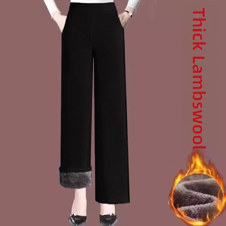 High Quality Fleece Lined Wide Leg Pants Thickened Corduroy Straight Cut Casual Trousers for Women Winter 2025 Warmth Elastic...