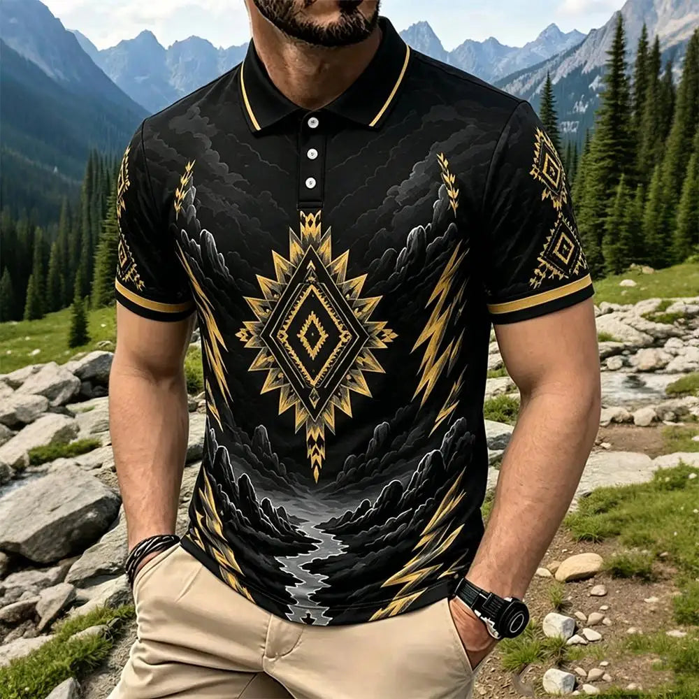 New Men's Western Mountain Ethnic Style Casual Printed Polo Shirt Quick Dry Sport Golf Shirt Summer Casual Breathable Lapel Tops