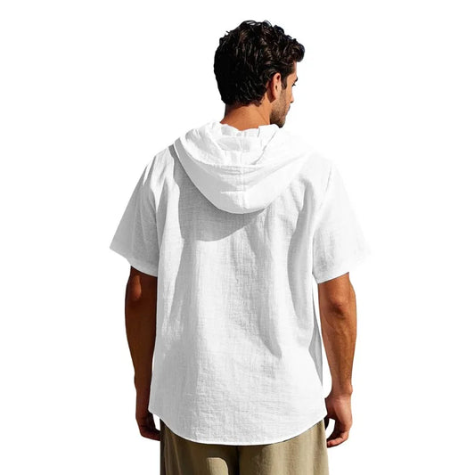Men's Hooded Button Down Shirt Short Sleeve Linen Look Casual Top Drawstring Summer Beach Vacation Shirt 2026