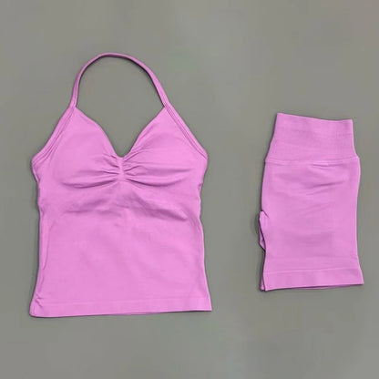 HISTELLO 2 Pieces Sports Set Women Yoga Longline Strap Top Scrunch Seamless Shorts Sport Gym Set Sportswear Workout Fitness Set