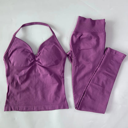 2 Pieces Sports Set Women Backless Tank Yoga Tops High Waist Scrunch Seamless Shorts Sport Gym Set Sportswear Workout Set
