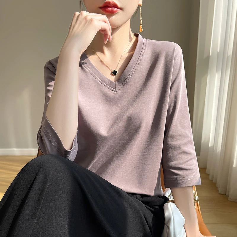 Spring And Summer New White Mercerized Cotton Cropped Sleeve T-shirt Feminine Joker 100% Cotton Bottoming Shirt Half Sleeve