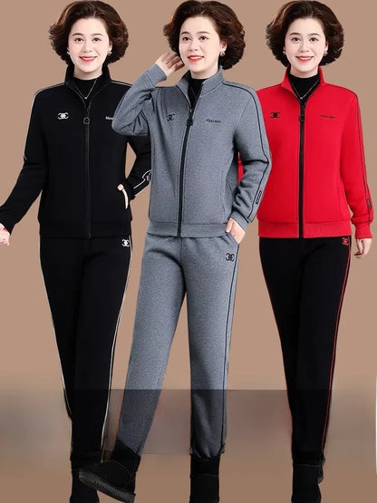 Thickened Fleece Lined Casual Sportswear Set for Middle-Aged Women Autumn Winter Two-Piece Suit Loose Fit Long Pants Zipper C...