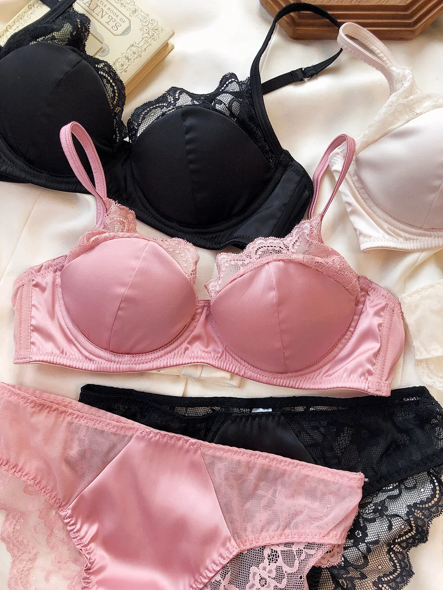 High Quality Satin Women Lingerie Set French Sexy Lace Push Up Bra Summer Thin Cup Comfort Intimates Underwear Bra Briefs Set