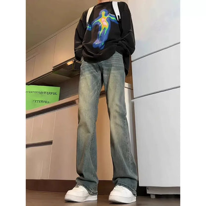 Men's Y2K Flare Jeans Vintage Washed Straight Leg Denim Pants Stacked Long Trousers Streetwear Loose Fit Bottoms