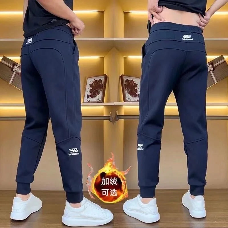 Men's Casual Trousers Autumn Winter Embroidered Fleece Lined Cuffed Thickened Sweatpants Fashionable Elastic Fashion