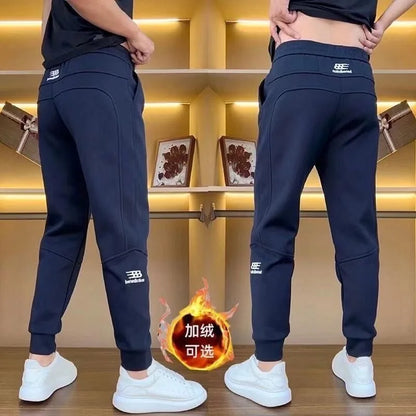 Men's Casual Trousers Autumn Winter Embroidered Fleece Lined Cuffed Thickened Sweatpants Fashionable Elastic Fashion