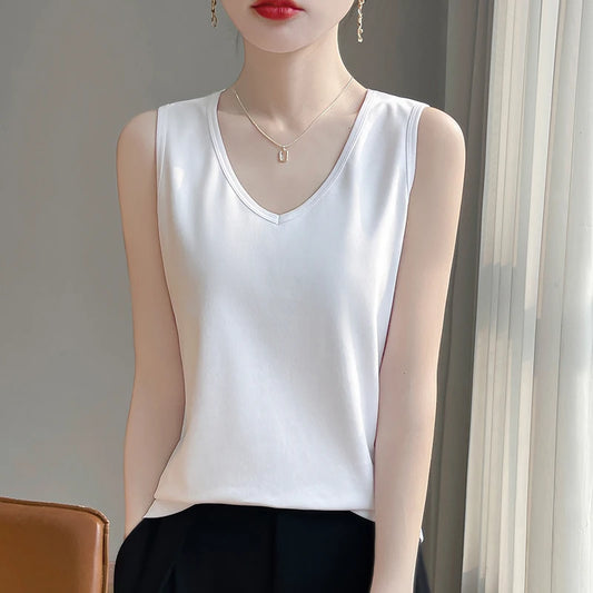 Summer New Cotton V-neck Camisole Women's Wide Shoulder Strap Bottoming Shirt Sleeveless Mercerized Cotton T-shirt