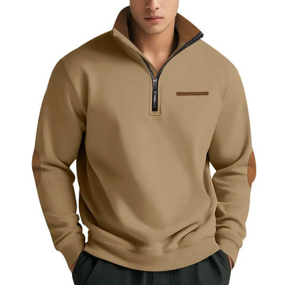 Men's Casual Sweatshirt American Style Autumn Winter Fleece Half-Zip Stand Collar Patchwork Color Block Henry Sweatshirt for Men