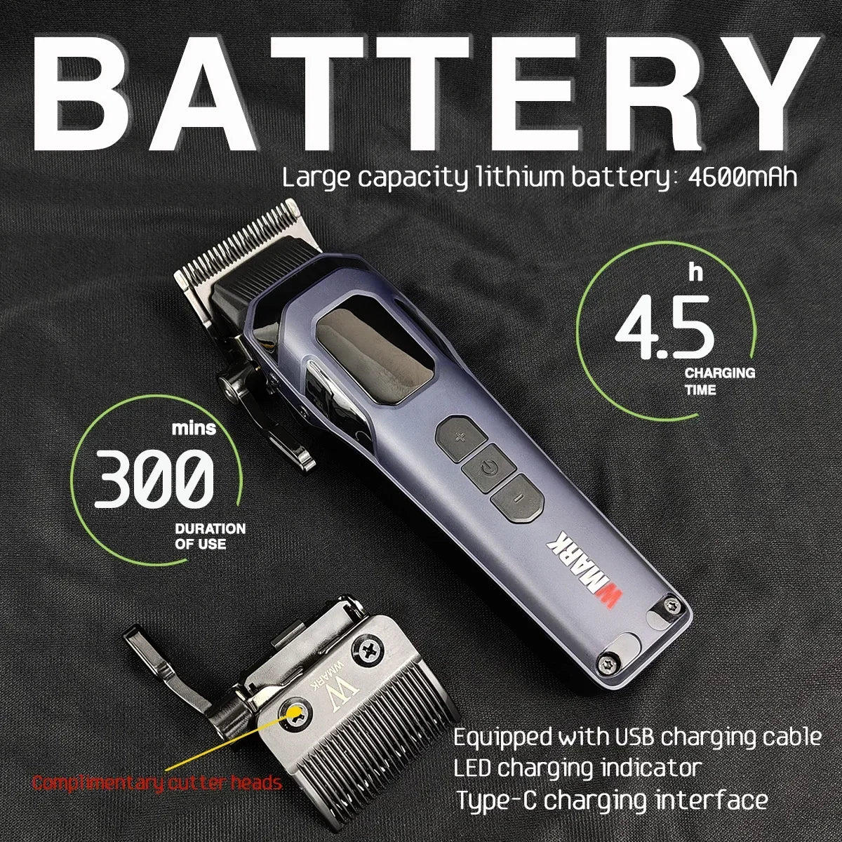 9000RPM WMARK NG-8080 Professional Hair Clipper 5 Speed Adjustment DLC FADE Blade Hair Trimmer Cutting Machine with Gift Blade