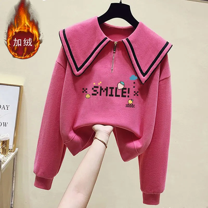 Teenage Girl's Fleece Lined Thickened Navy Collar Sweatshirt Small Size Winter Fashionable Clothing School Sweet Style Zipper