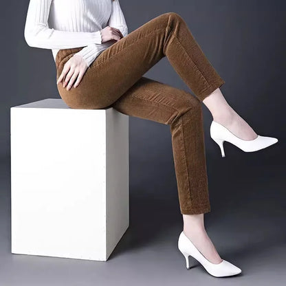 Thickened Fleece Corduroy Pants High Waist Harlan Style Winter 2024 New Women's Casual Trousers Elastic Waist Pocket Detail