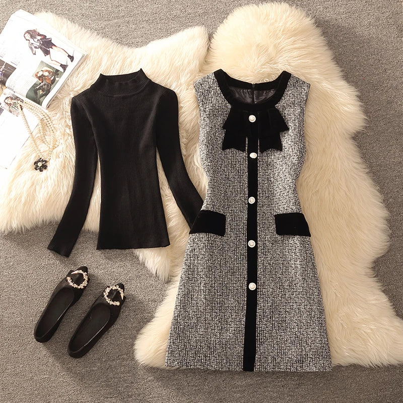Spring Autumn Winter Tweed Color Block Vest Skirt Set  Knot Elegant Fashionable Two Piece Set Women's Luxury Style