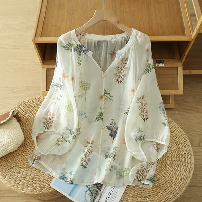 Lightweight Summer Floral Cotton Linen Shirt Loose Lantern Sleeve Women's Top plus Size V-Neck Short Sleeve Printed Blouse
