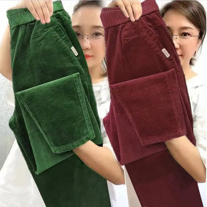 Autumn Winter Thickened Corduroy Casual Harlan Pants for Mom High Waist Loose Fit Straight Leg Casual Outerwear Polyester Fiber