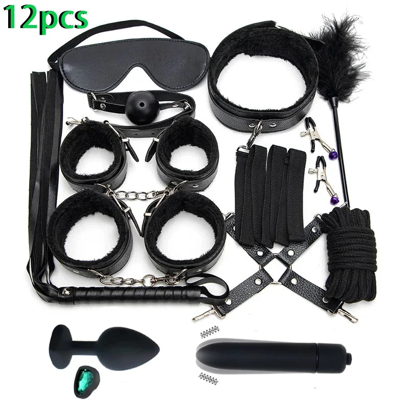Erotic Sex Toys For Women Adults Games Nylon 16pcs Bondage BDSM Kits Handcuffs Sex Whip Mouth Gag Dildo Vibrator Anal Plug