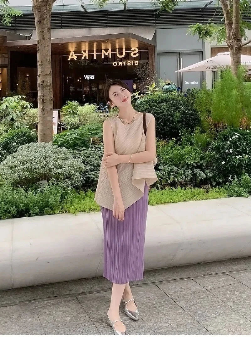 Unique Folded Design Sleeveless Top Set for Small Women Elegant Suitable Travel Wear Polyester Summer T-Shirt round Neck High...