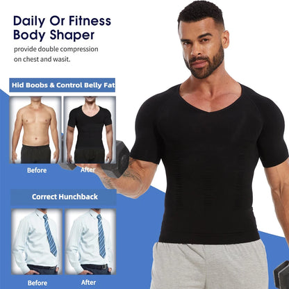 Men Gynecomastia Compression Shirts Shapewear Tummy Control Body Shaper Undershirt V-Neck Workout Baselayer T-Shirt