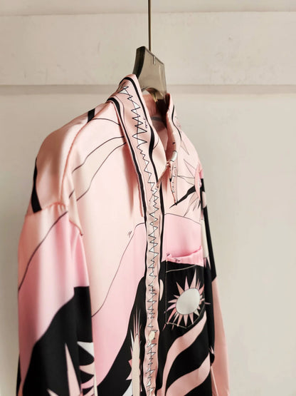 Baroque French Loose Fashion Printed Silk Satin Simulation Long Sleeve Wide Leg Pant Sets Pink Two Piece Casual Suit for Women