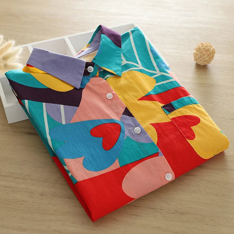 Vacation Style Colorful Printed Shirt Women 2024 New Fresh Loose Women's Casual Shirt & Blouses Lady Long Sleeve Tops Clothes