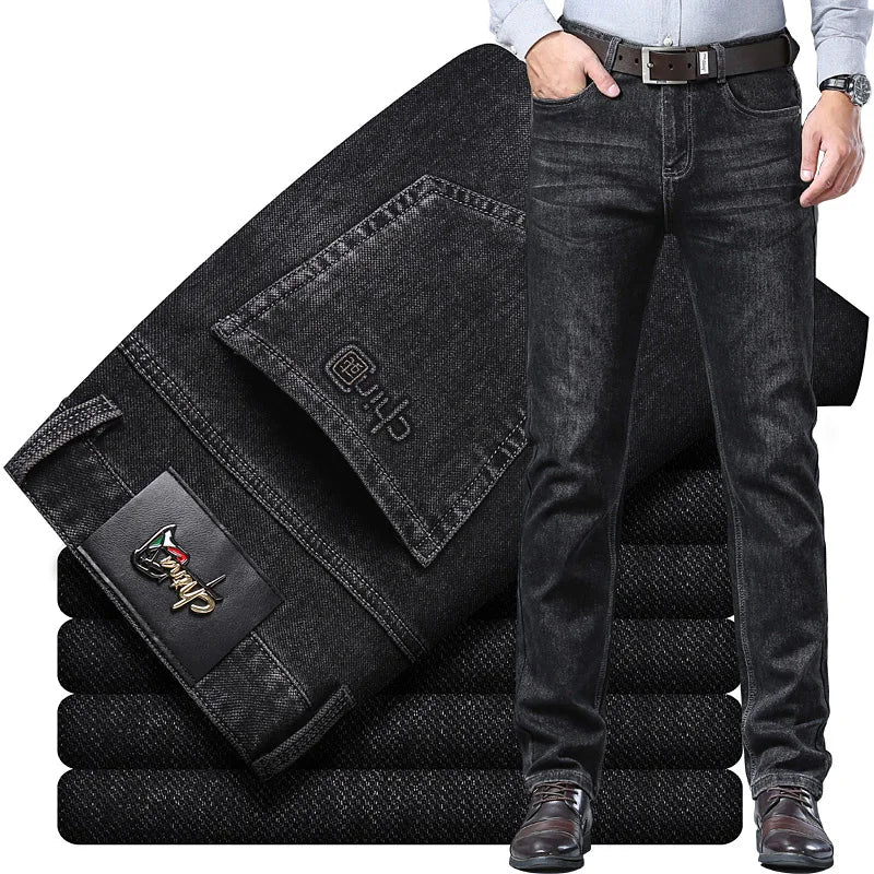 2024 New Black Men's Autumn Winter Thick Jeans Classic Style Stretch Business Loose Straight-leg Casual Pants Men's Denim Pants