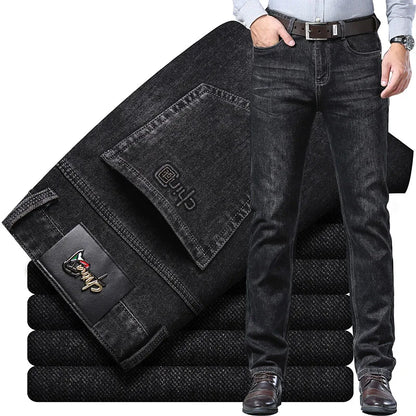 2024 New Black Men's Autumn Winter Thick Jeans Classic Style Stretch Business Loose Straight-leg Casual Pants Men's Denim Pants