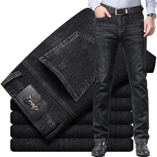 2024 New Black Men's Autumn Winter Thick Jeans Classic Style Stretch Business Loose Straight-leg Casual Pants Men's Denim Pants