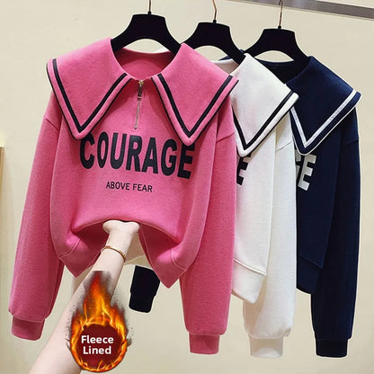 Teenage Girl's Fleece Lined Thickened Navy Collar Sweatshirt Small Size Winter Fashionable Clothing School Sweet Style Zipper
