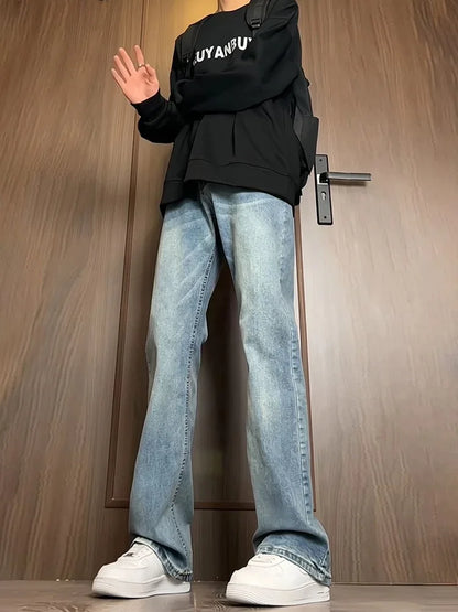 Men's Y2K Flare Jeans Vintage Washed Straight Leg Denim Pants Stacked Long Trousers Streetwear Loose Fit Bottoms