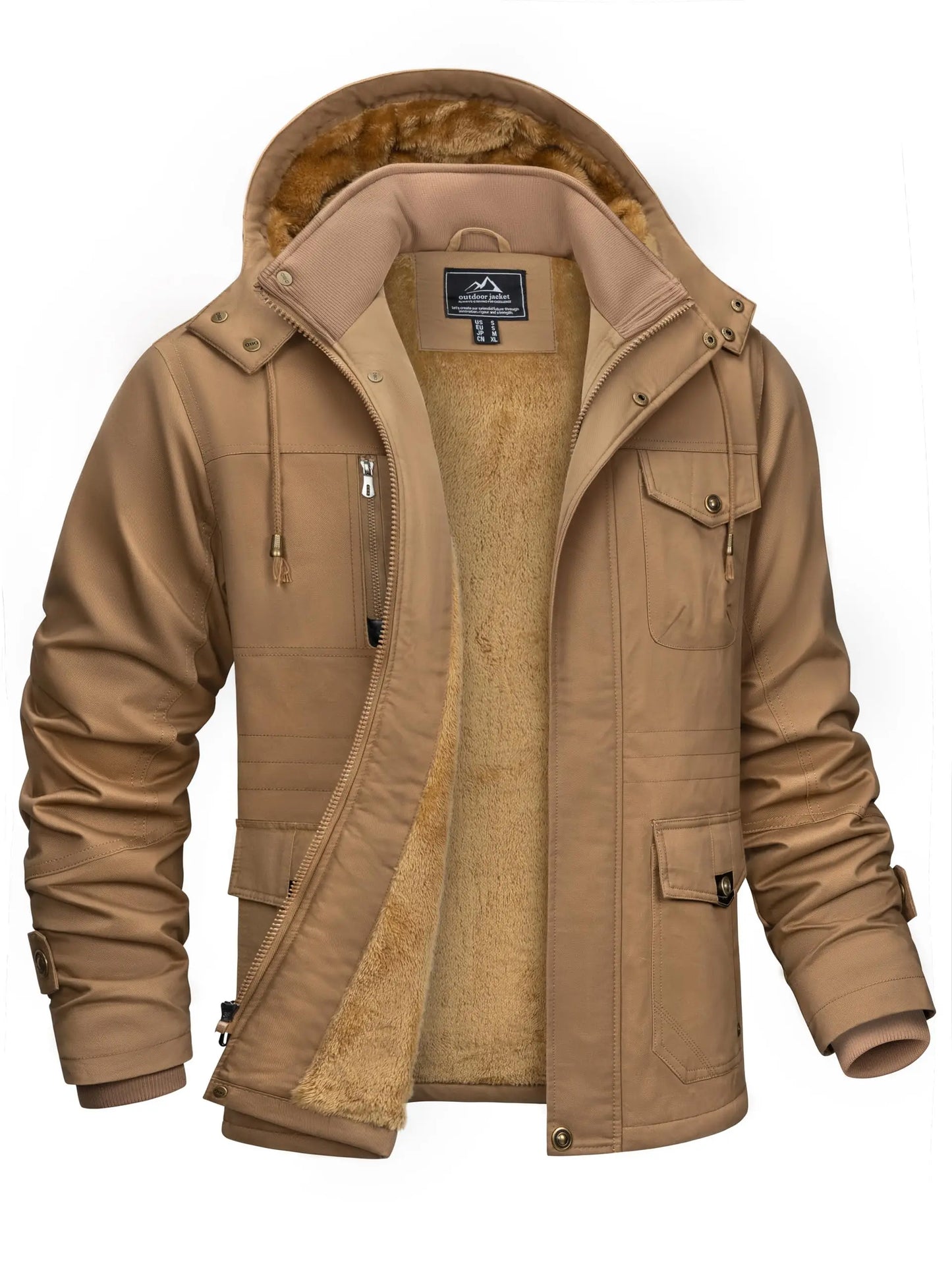 TACVASEN Mens Fleece Lined Winter Warm Jacket Detachable Hood With 6 Multi-Pocket Parka Coat Windproof Outdoor Hiking Daily Coat