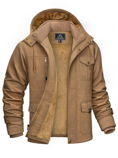 TACVASEN Mens Fleece Lined Winter Warm Jacket Detachable Hood With 6 Multi-Pocket Parka Coat Windproof Outdoor Hiking Daily Coat