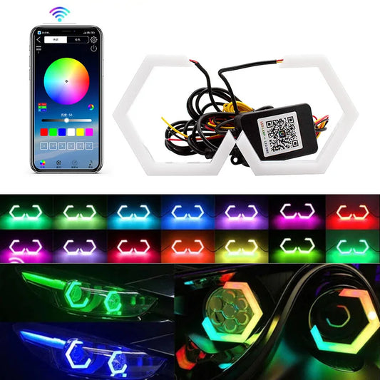 2PCS LED Angel Eyes RGB APP Bluetooth Hexagon Halo Rings For Car Scooter Motorcycle With Turn Signal Yellow 70MM 80MM 85MM 90MM