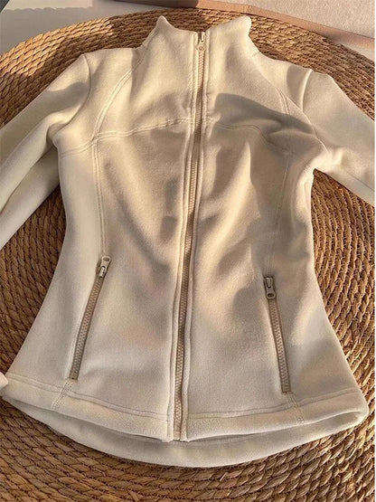 Women's Slim Fit Fleece Lined Short Cardigan Sweater Stand Collar Thickened Waist Shaping Autumn Winter Fashion Outerwear