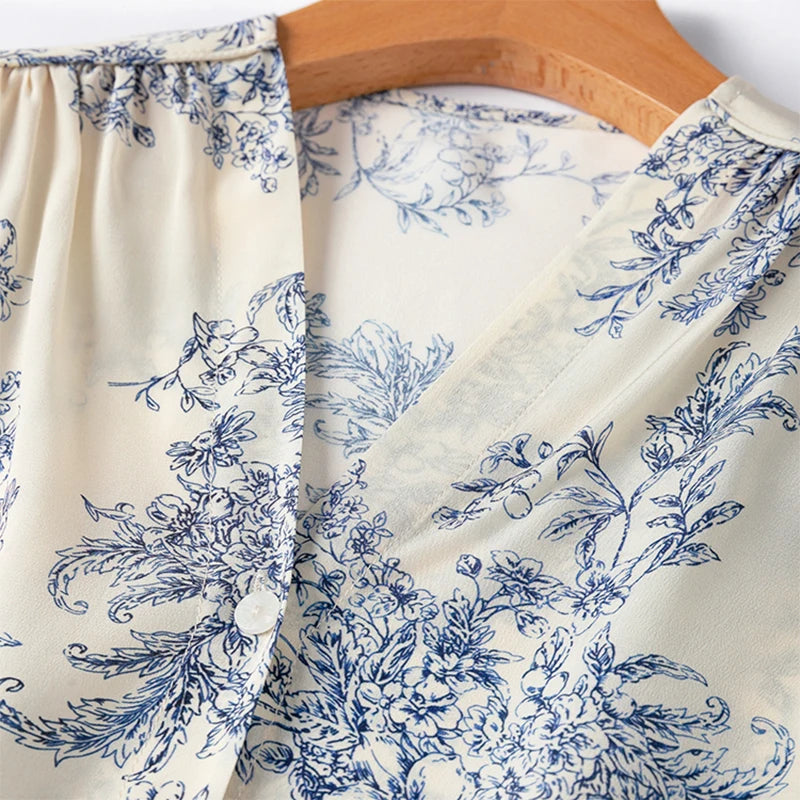 Women Silk Shirt 100% Mulberry Crepe Silk White Floral Printed Buttons Down Long Sleeve Top Blouse Office Lady M L XL M1129