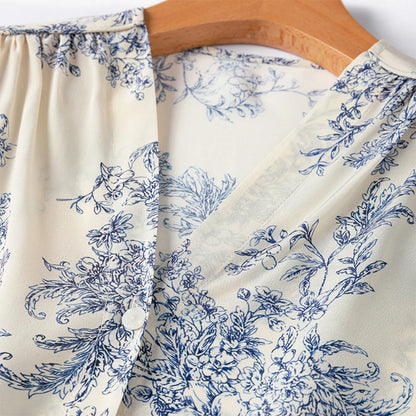 Women Silk Shirt 100% Mulberry Crepe Silk White Floral Printed Buttons Down Long Sleeve Top Blouse Office Lady M L XL M1129