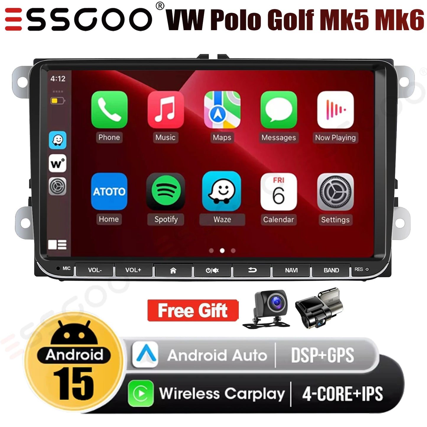 9" Android 15 4+64Gb for Vw Golf Mk5 Mk6 Passat Polo Touran Tiguan Caddy Car Stereo Radio Wifi Carplay Gps Navi Fm Bt+Dvr&Ahd