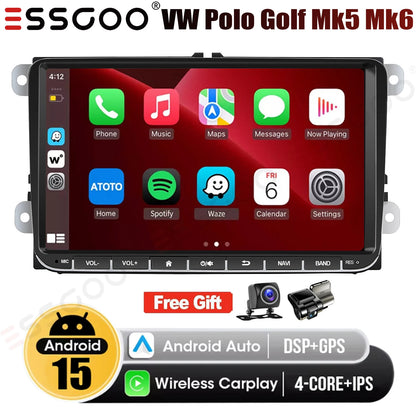 9" Android 15 4+64Gb for Vw Golf Mk5 Mk6 Passat Polo Touran Tiguan Caddy Car Stereo Radio Wifi Carplay Gps Navi Fm Bt+Dvr&Ahd