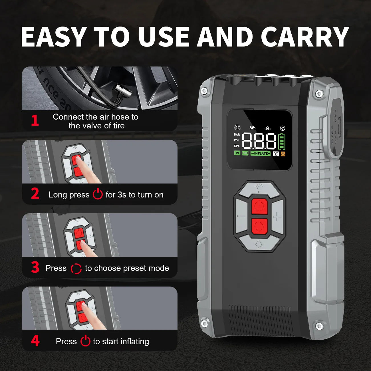 SUKIN 20000mAh Portable Car Jump Starter Built in air compressor 12V Booster Starting Device With  LED Light&USB Type-C Output