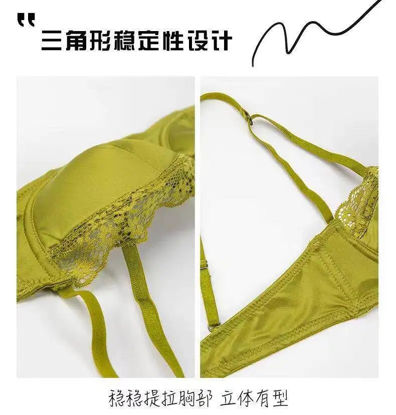French Half Cup Lace Underwired Bra Set Ladies Thin Push Up Gather Fit No Gap Small Bust Comfortable Sexy Lingerie Two Piece Set