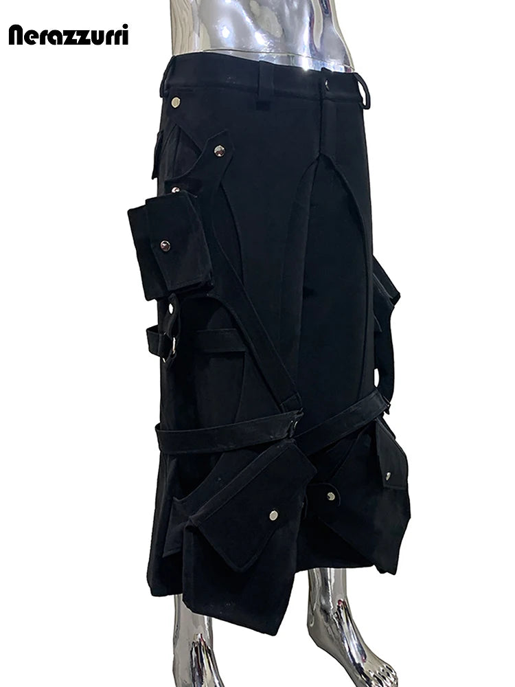 Nerazzurri Summer Matte Black Cargo Calf Length Straight Pants for Men with 3D Pockets High Waist Luxury Designer Emo Clothes